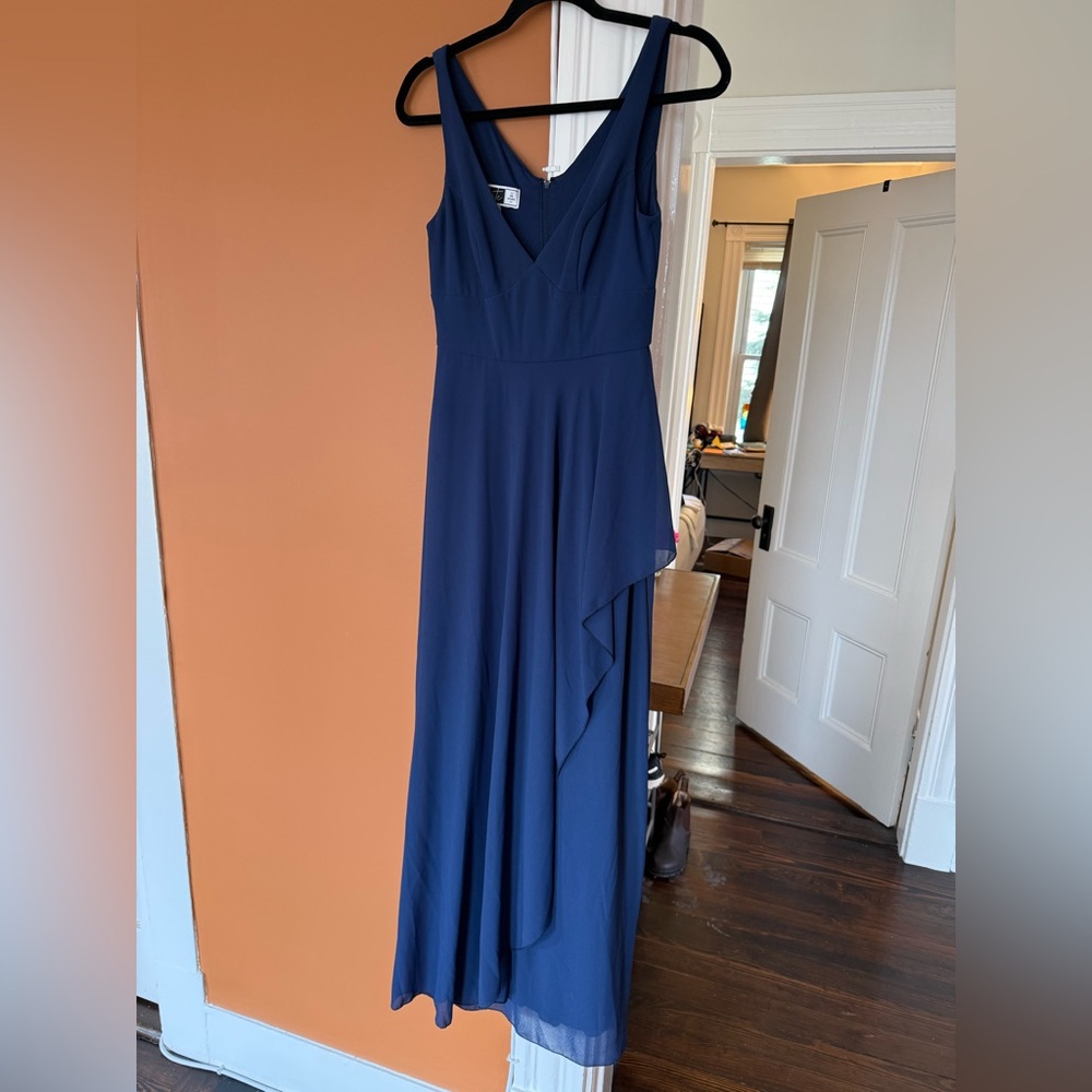 David's Bridal Navy Chiffon V-Neck Dress with Cascade - Size: 2